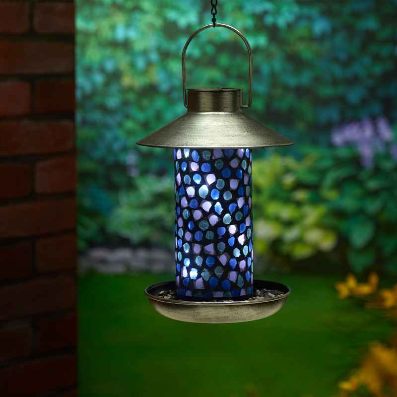 Mosaic Glass Solar Bird Feeder - Pewter